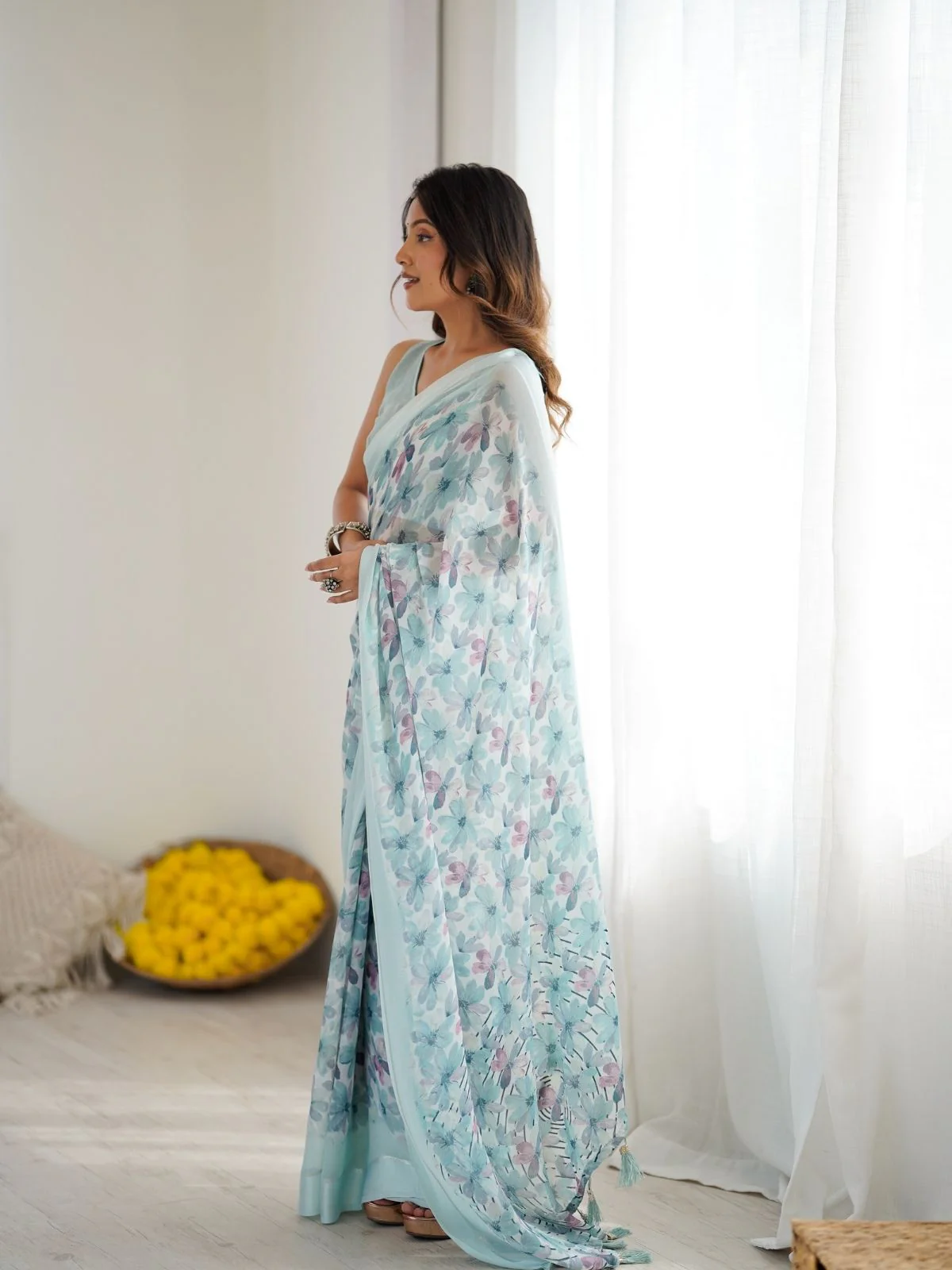 Odette Sky Blue Georgette Printed Saree For Women - Image 2