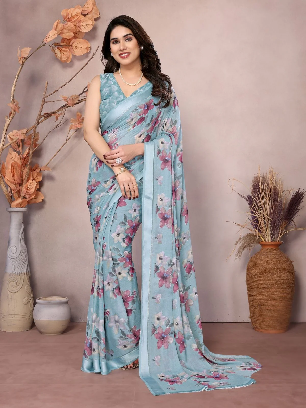 Odette Sky Blue Georgette Printed Saree For Women