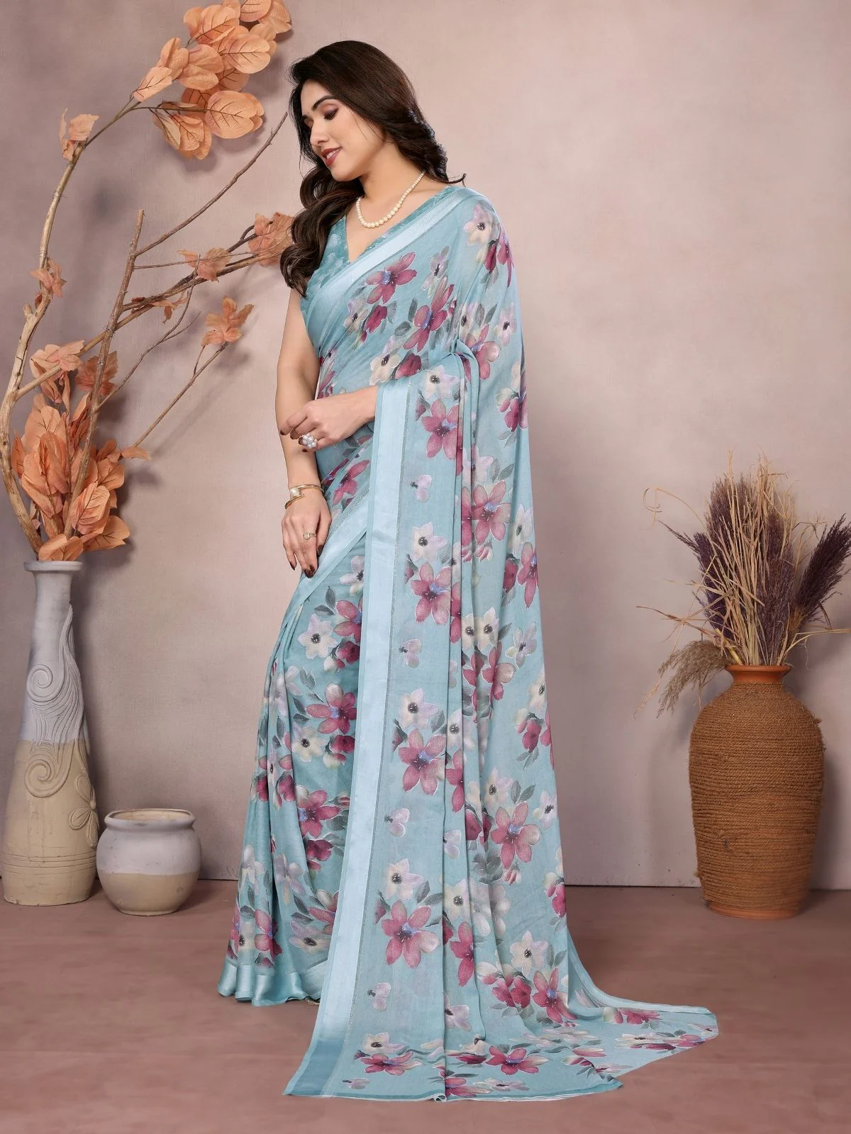 Odette Sky Blue Georgette Printed Saree For Women - Image 2