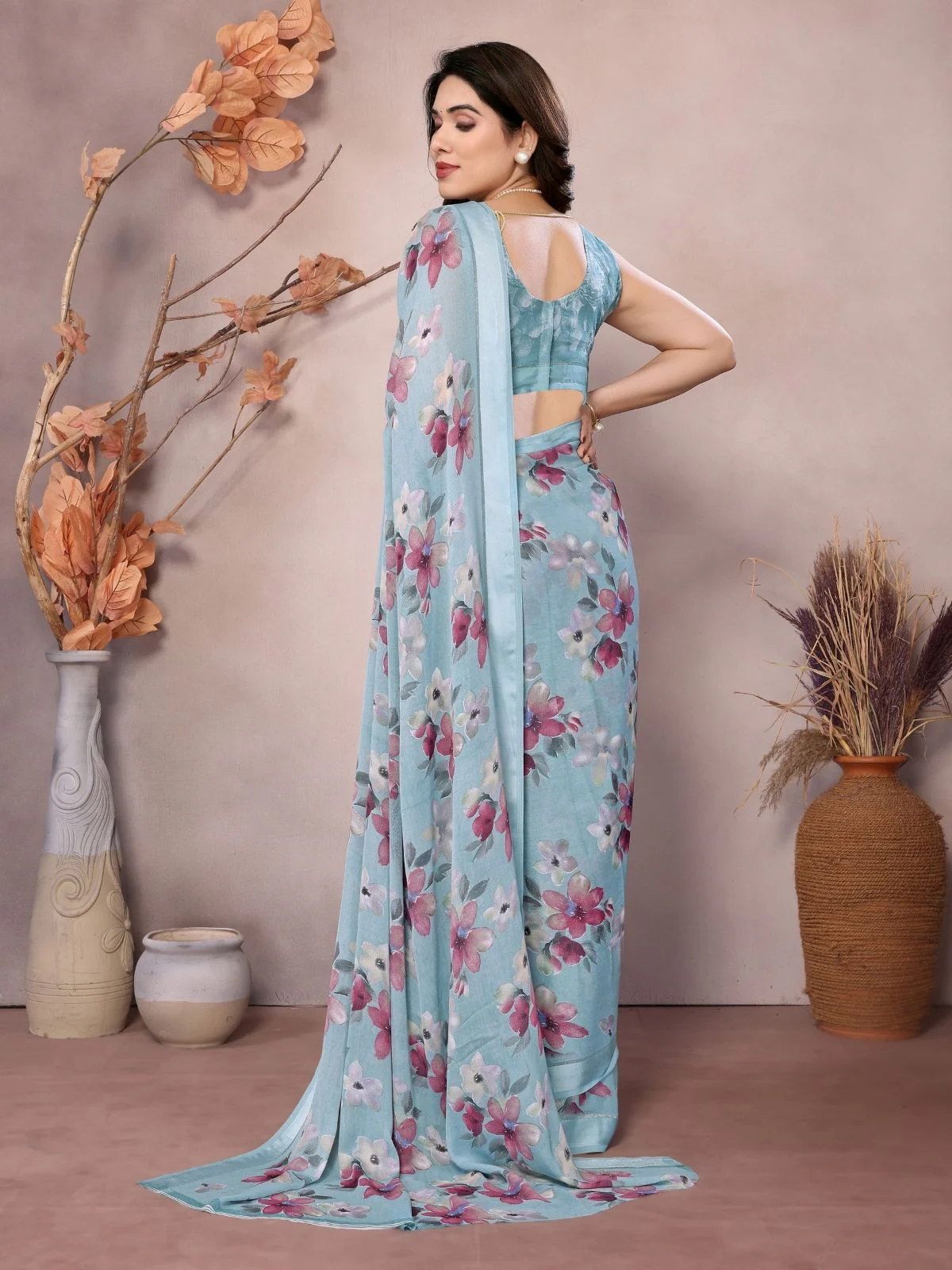 Odette Sky Blue Georgette Printed Saree For Women - Image 3
