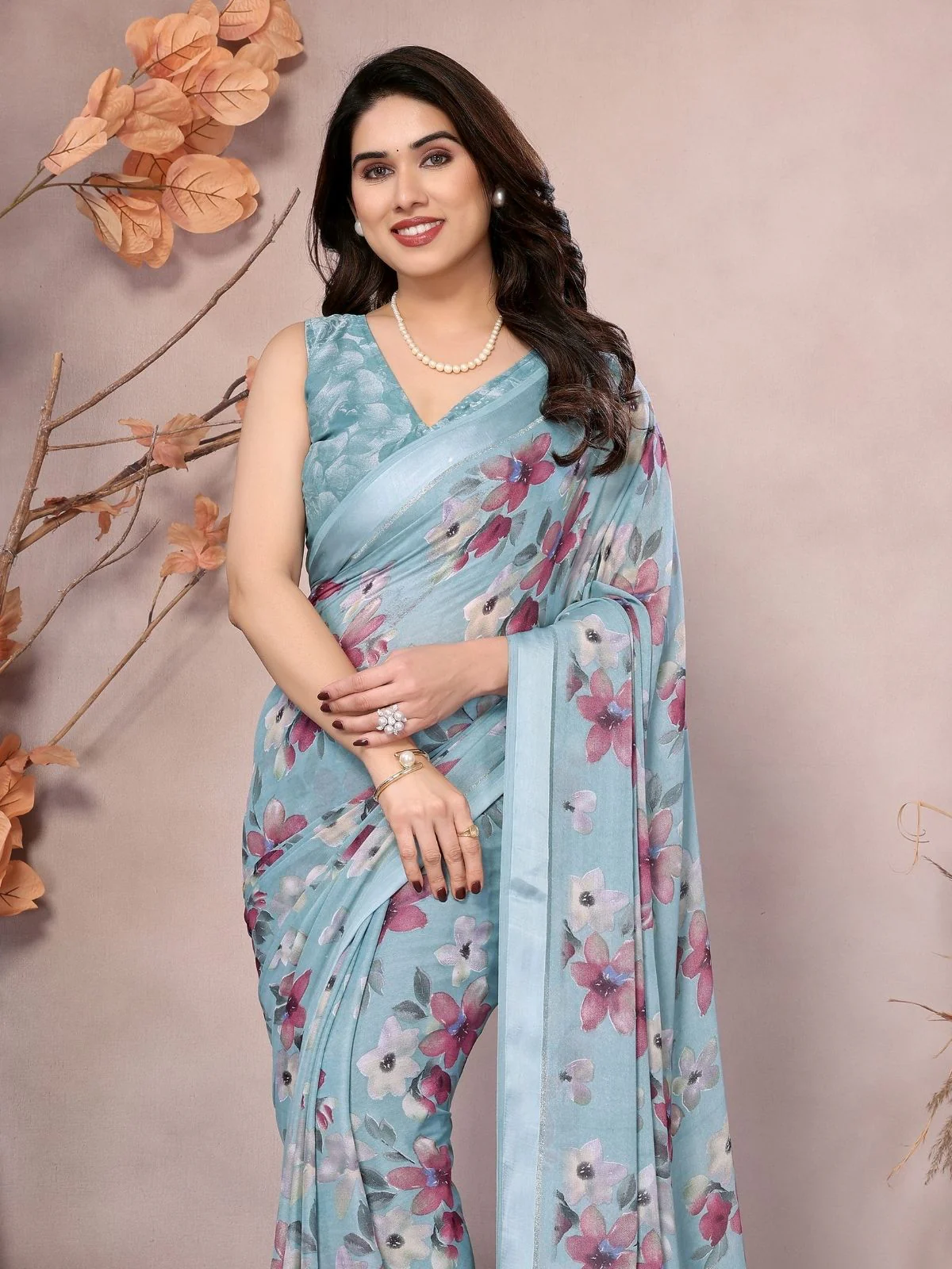 Odette Sky Blue Georgette Printed Saree For Women - Image 4