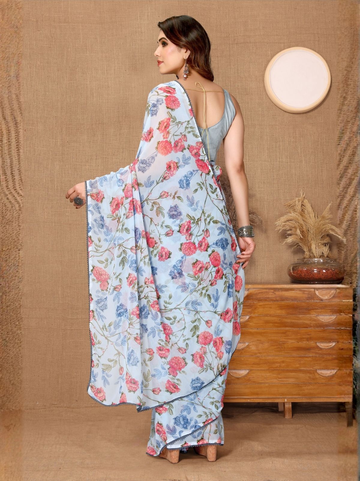 Odette Sky Blue Georgette Printed Saree For Women - Image 3