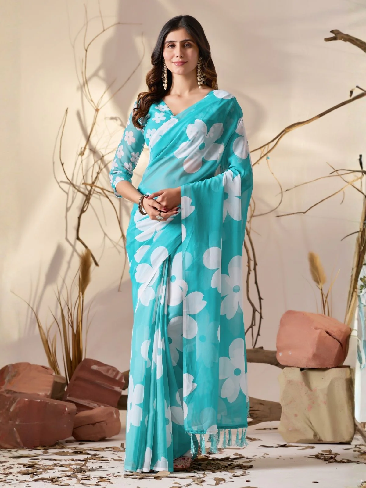 Odette Sky Blue Georgette Printed Saree For Women