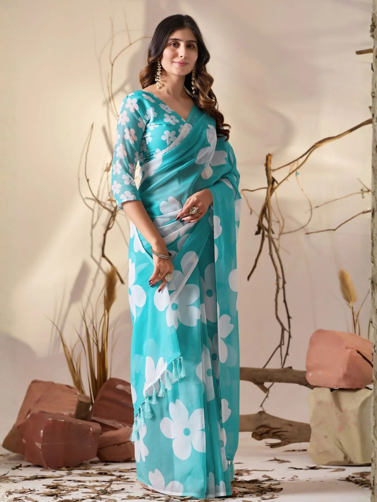 Odette Sky Blue Georgette Printed Saree For Women - Image 2