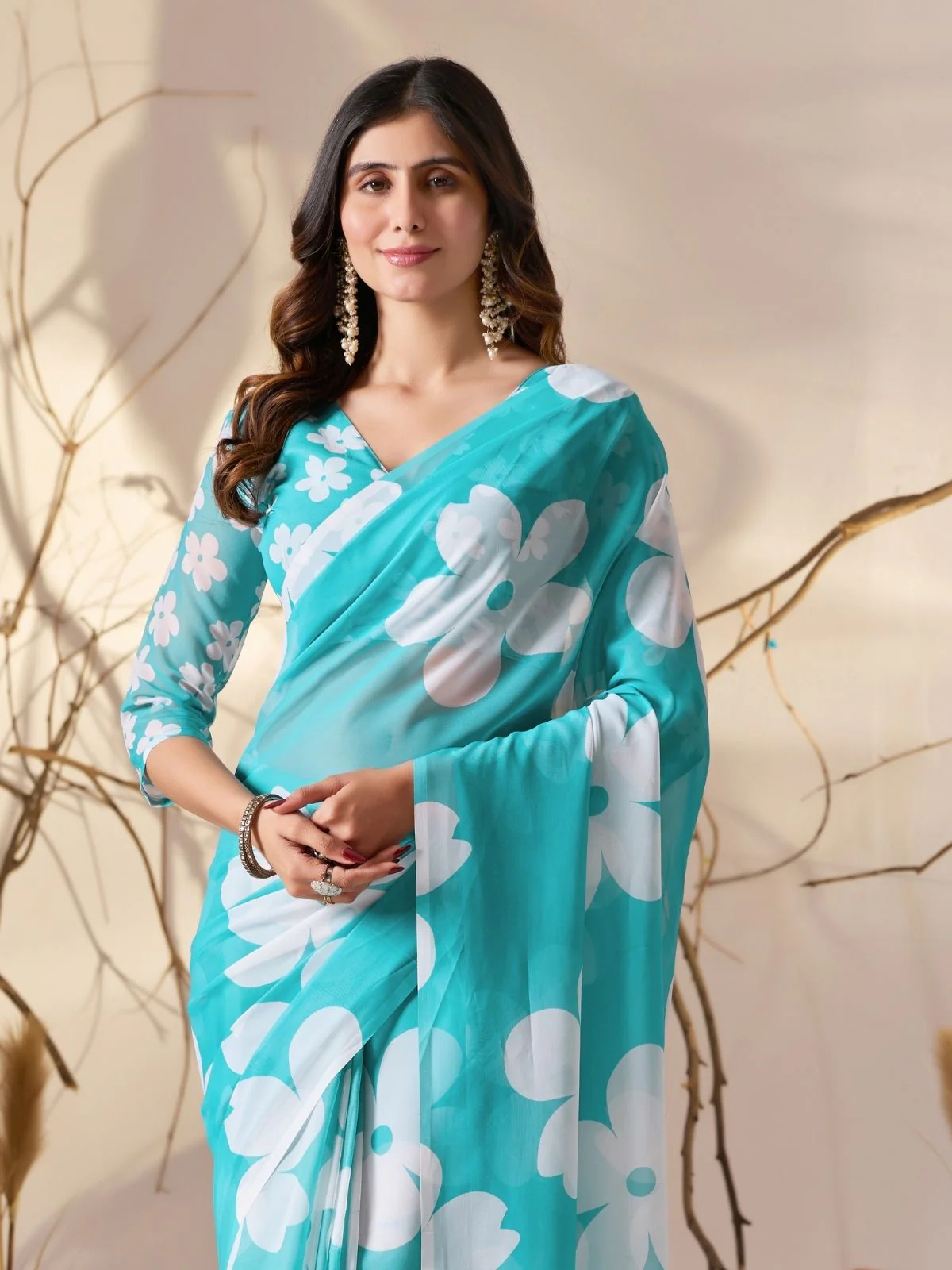 Odette Sky Blue Georgette Printed Saree For Women - Image 5