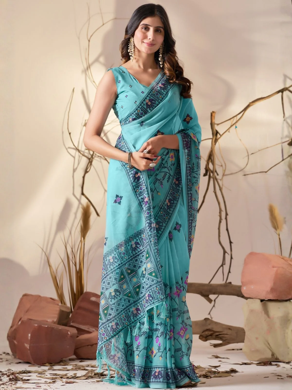 Odette Sky Blue Georgette Printed Saree For Women