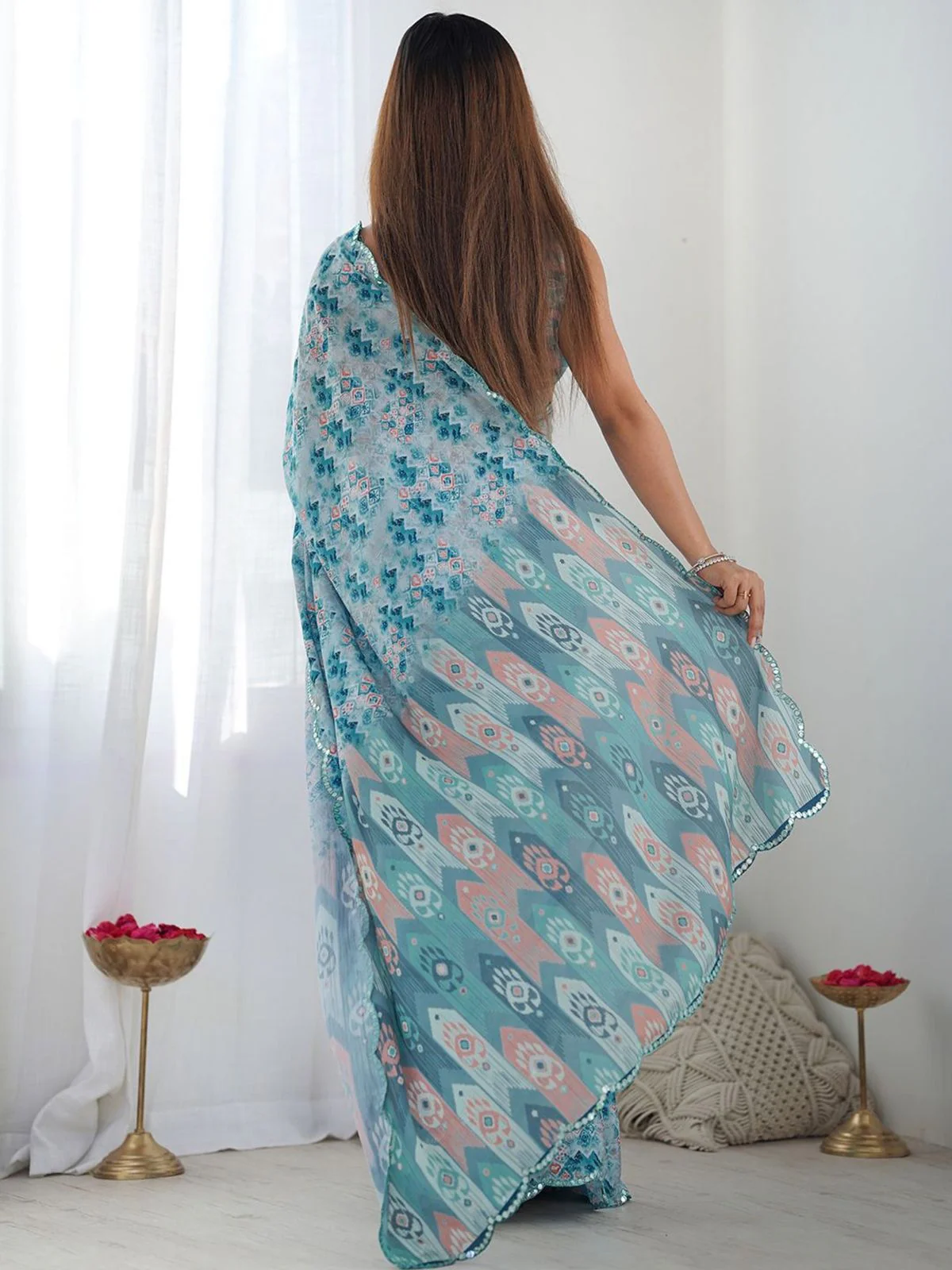 Odette Sky Blue Georgette Printed Saree For Women - Image 3