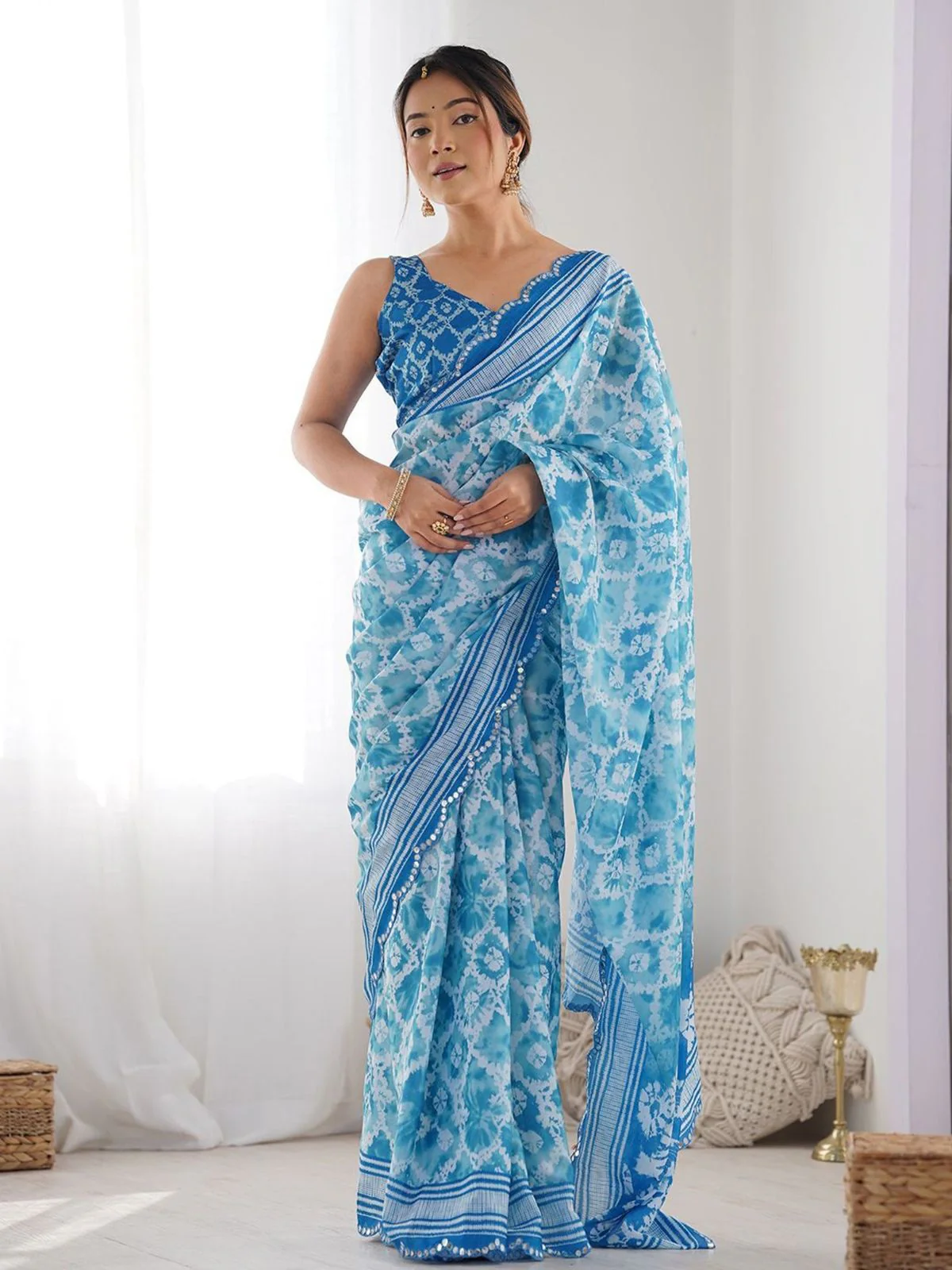 Odette Sky Blue Georgette Printed Saree For Women