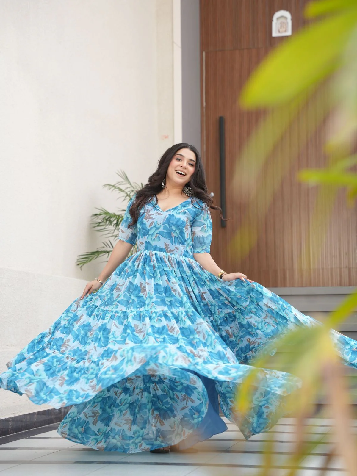 Odette Sky Blue Georgette Printed Stitched Gown For Women - Image 3