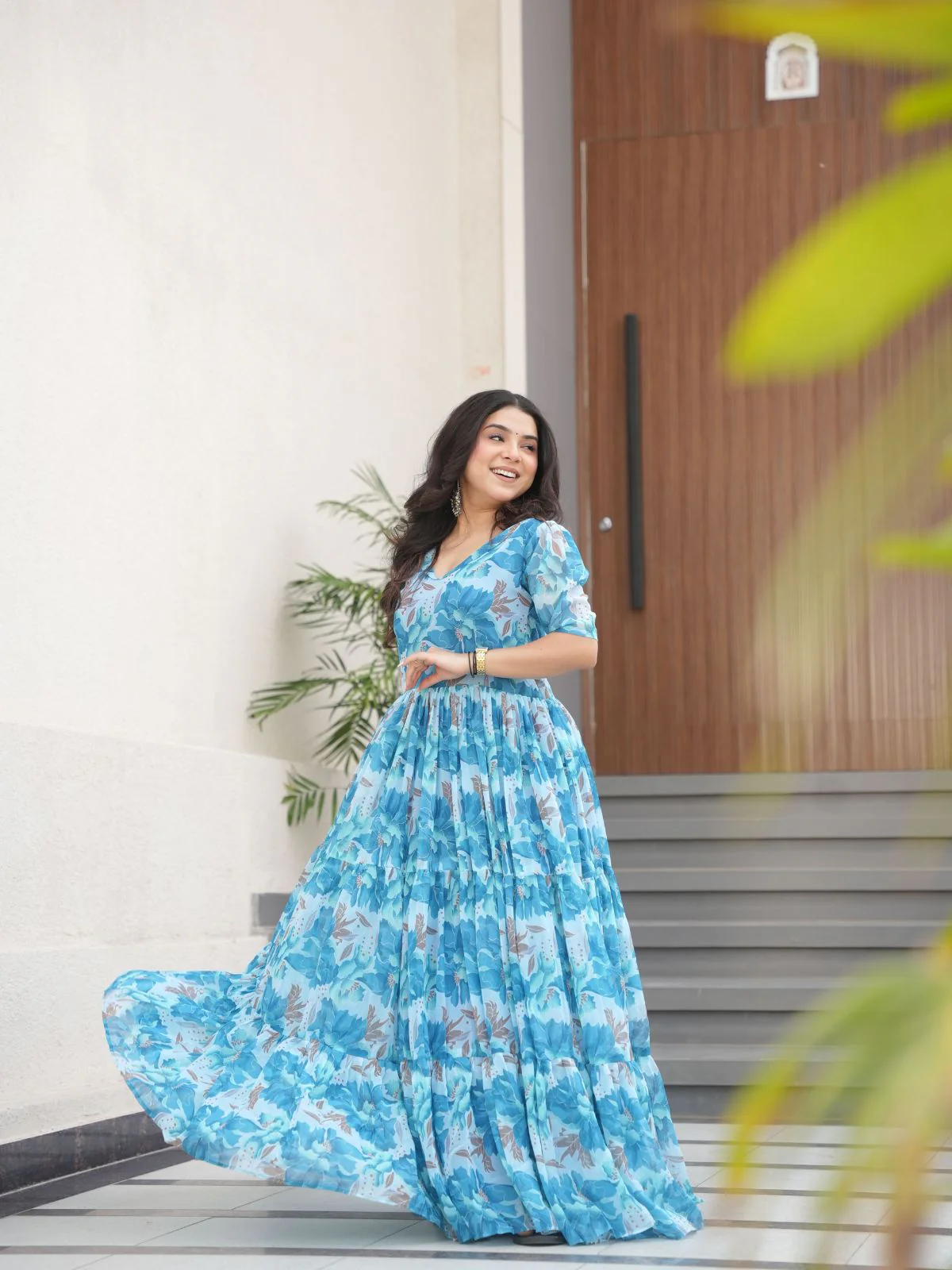 Odette Sky Blue Georgette Printed Stitched Gown For Women - Image 4