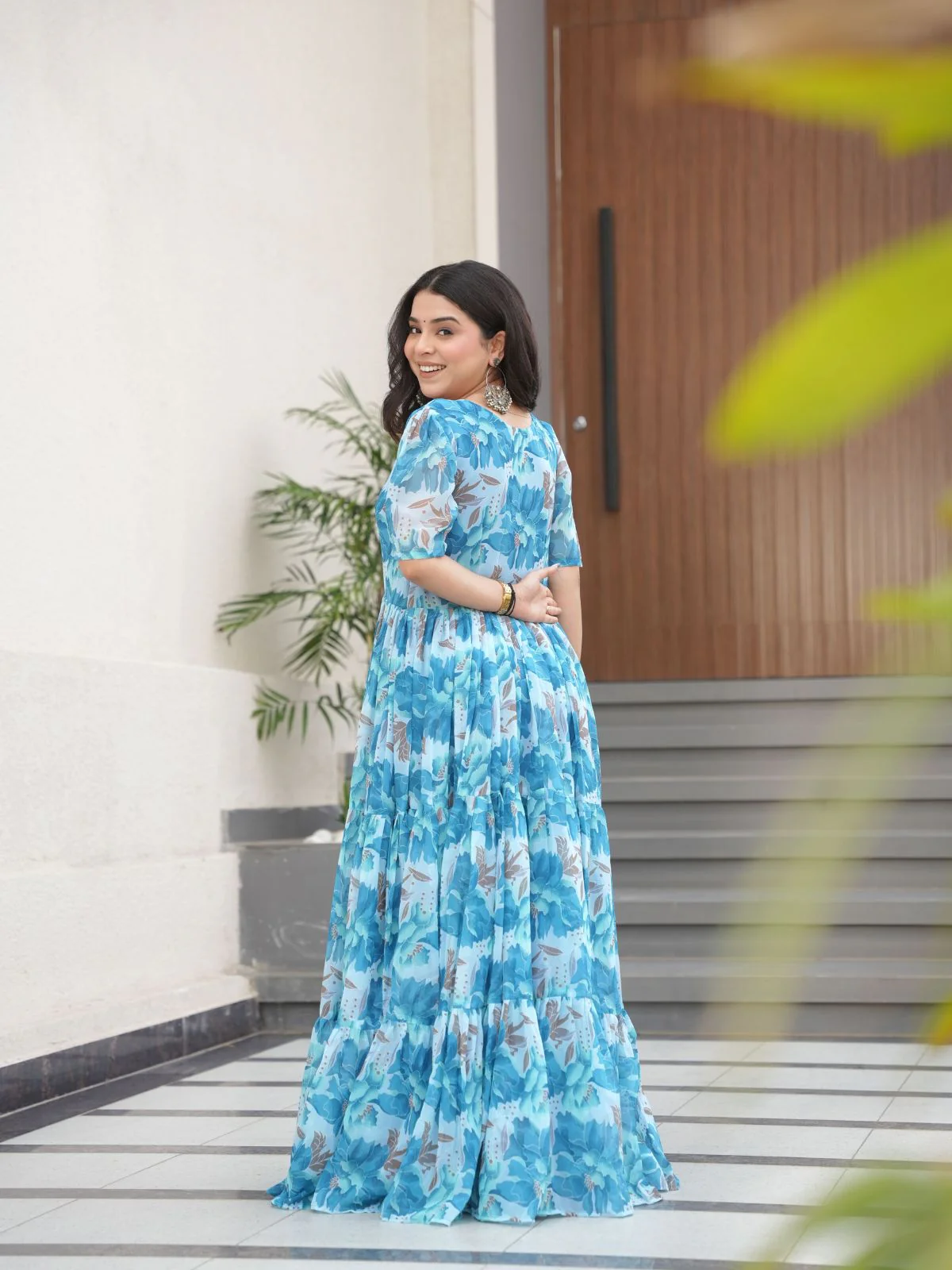 Odette Sky Blue Georgette Printed Stitched Gown For Women - Image 5