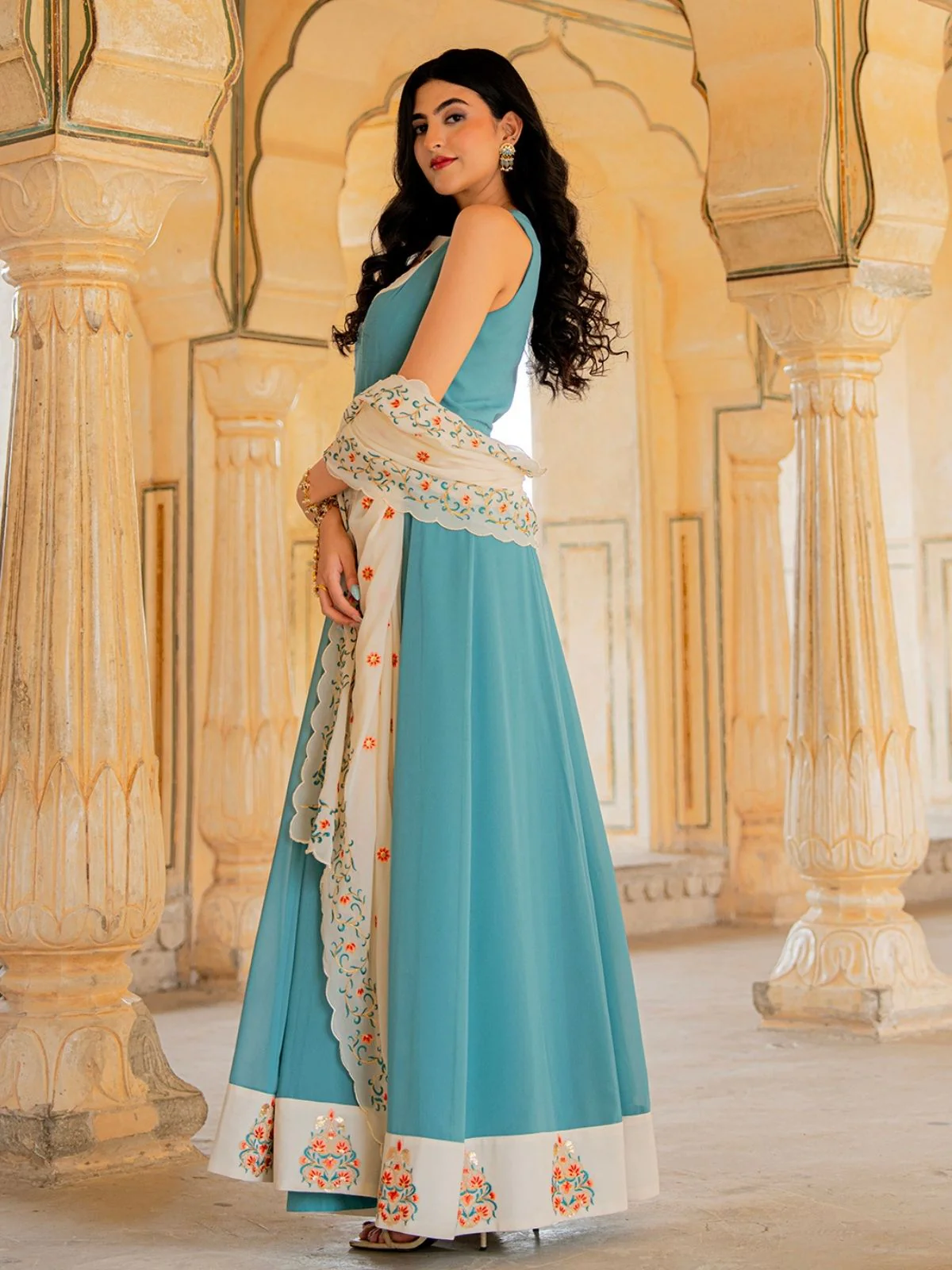 Odette Sky Blue Georgette Sequins Embroidered Stitched Gown For Women - Image 3