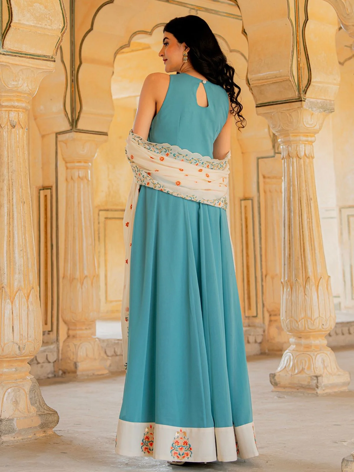 Odette Sky Blue Georgette Sequins Embroidered Stitched Gown For Women - Image 4
