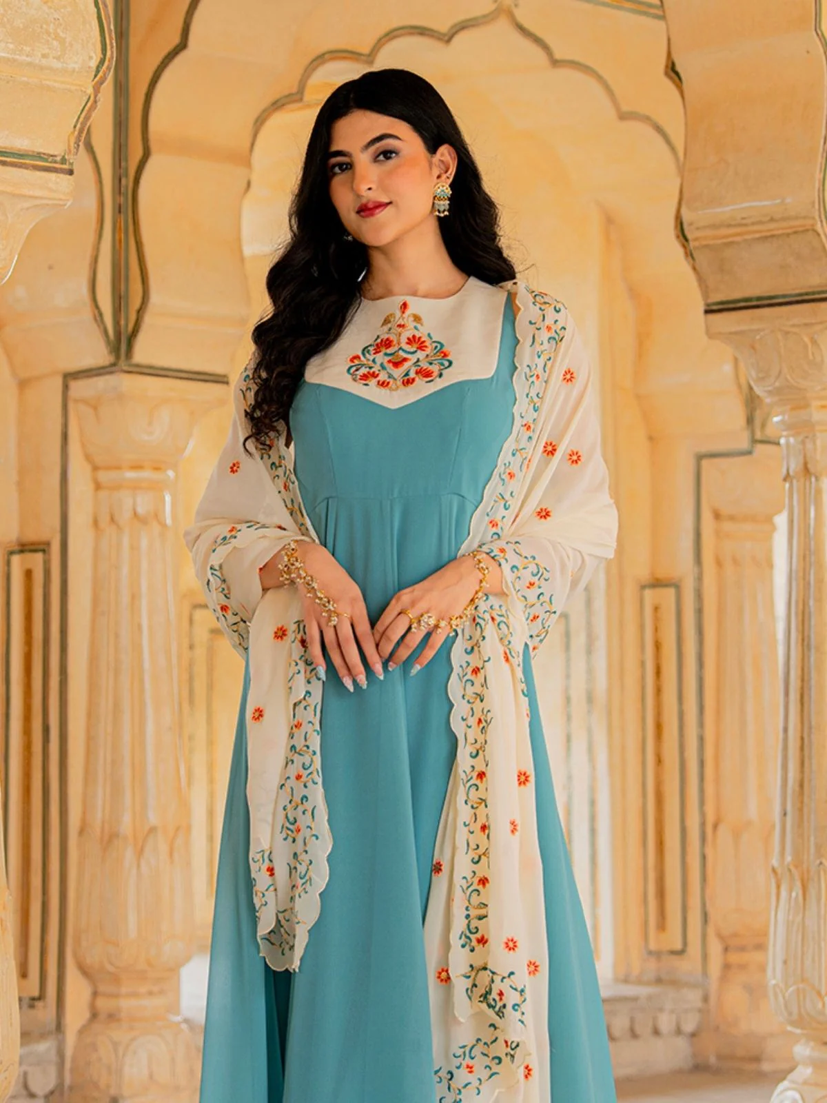 Odette Sky Blue Georgette Sequins Embroidered Stitched Gown For Women - Image 7