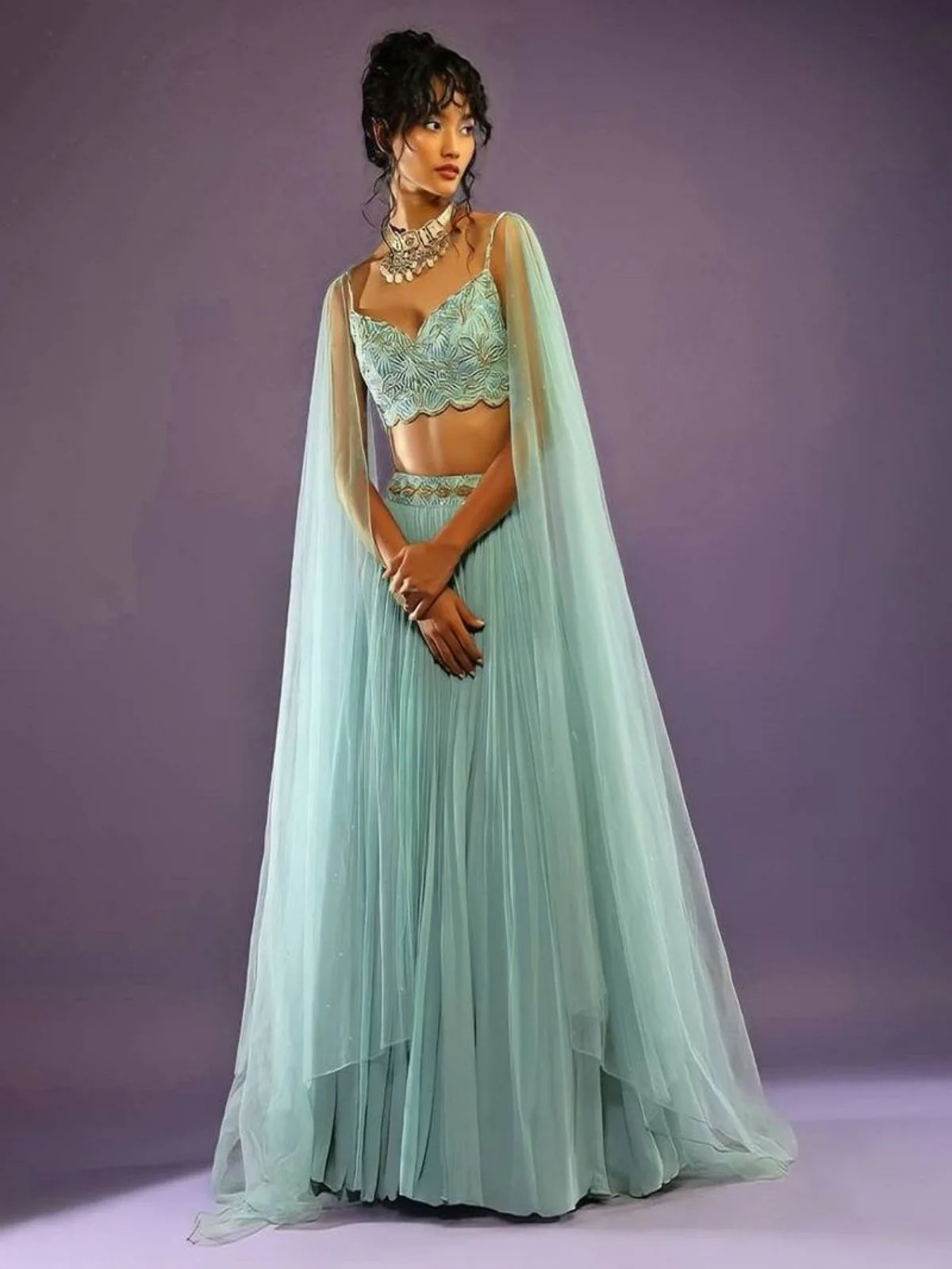 Odette Sky Blue Georgette Solid Semi-Stitched Lehenga For Women - Image 3