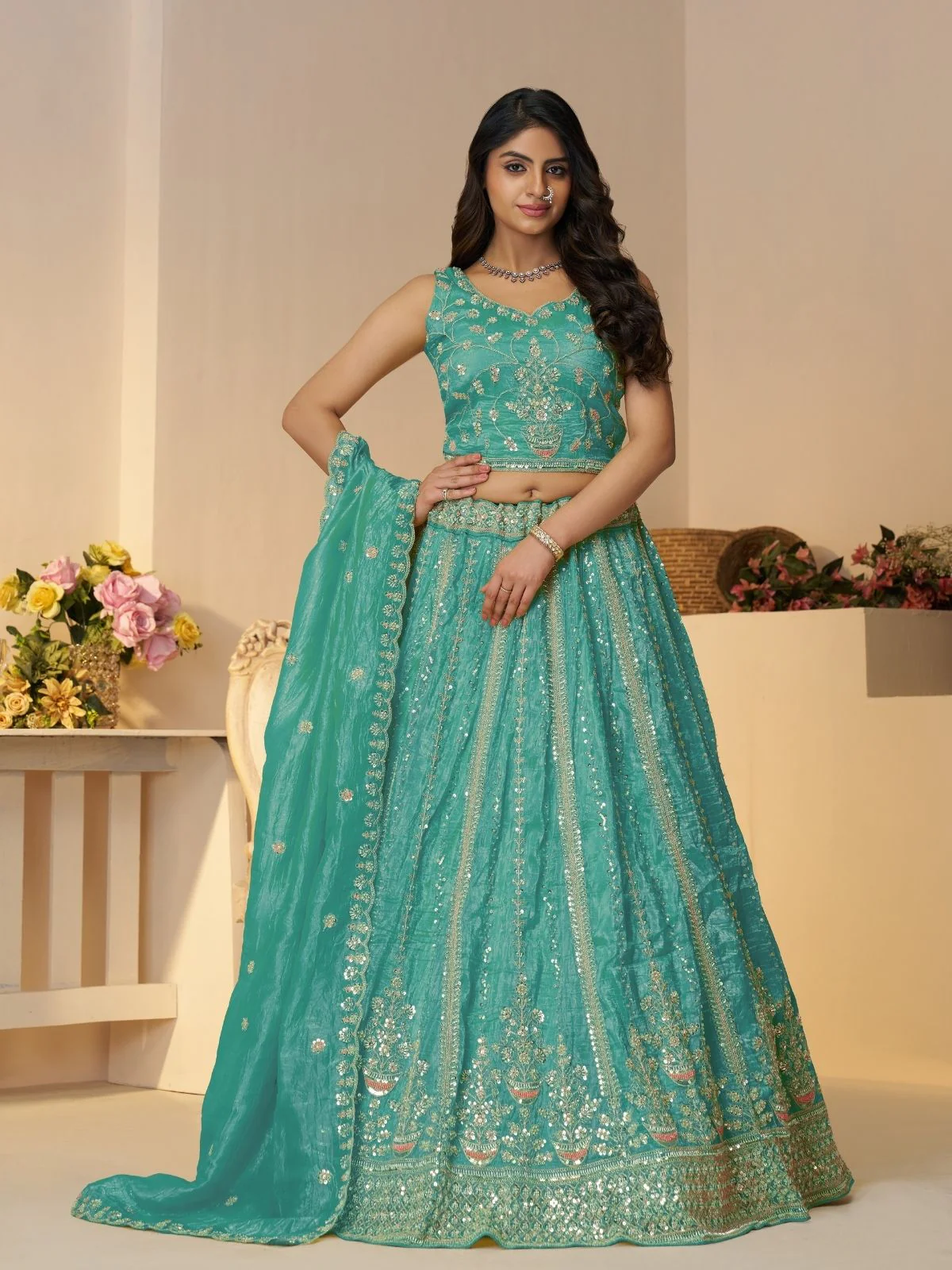 Odette Sky Blue Jimmy Choo Embroidered Semi-Stitched Lehenga For Women
