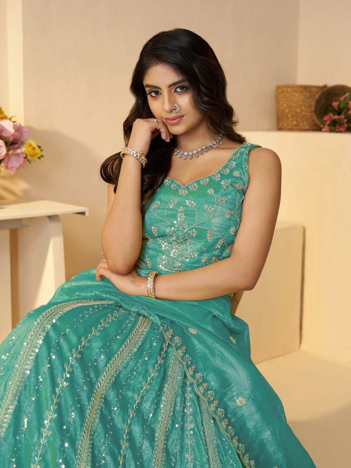 Odette Sky Blue Jimmy Choo Embroidered Semi-Stitched Lehenga For Women - Image 3