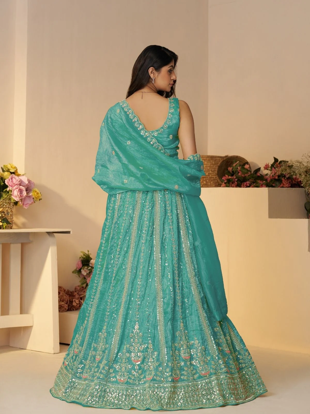 Odette Sky Blue Jimmy Choo Embroidered Semi-Stitched Lehenga For Women - Image 4
