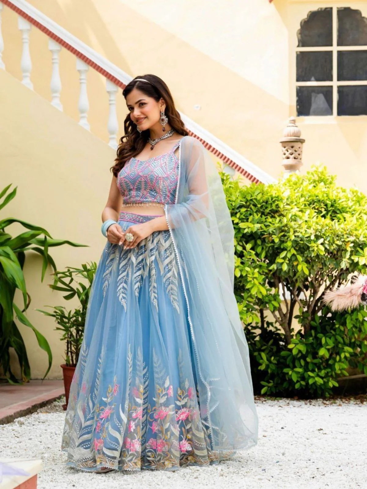 Odette Sky Blue Net Embellished Semi Stitched Lehenga For Women - Image 2