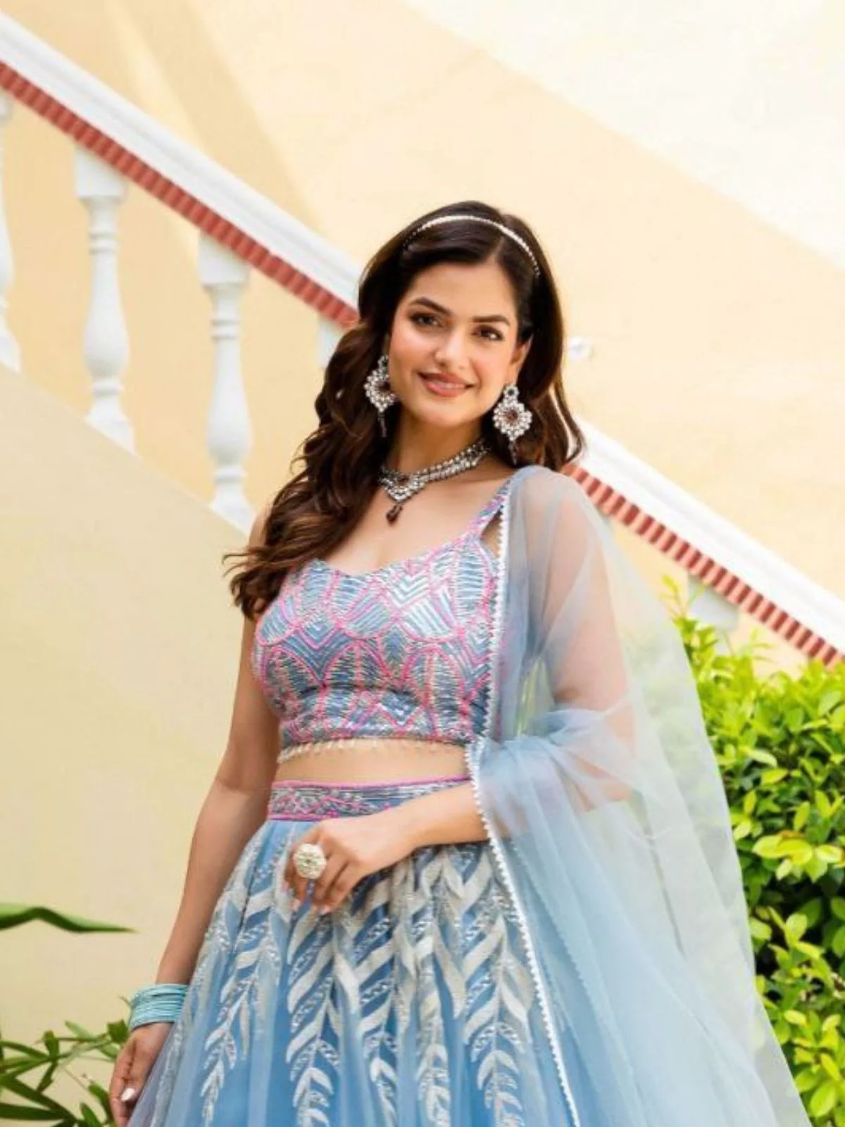 Odette Sky Blue Net Embellished Semi Stitched Lehenga For Women - Image 3