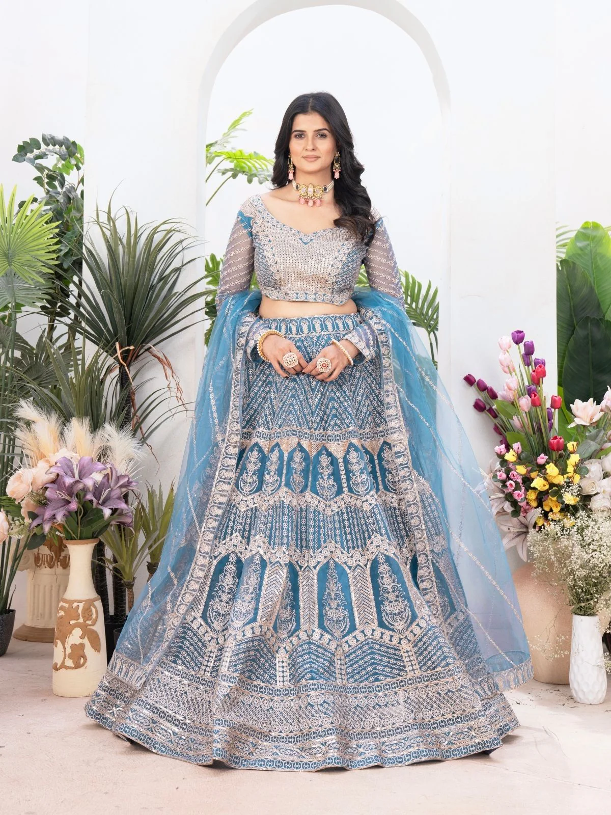 Odette Sky Blue Net Embellished Semi Stitched Lehenga For Women - Image 2