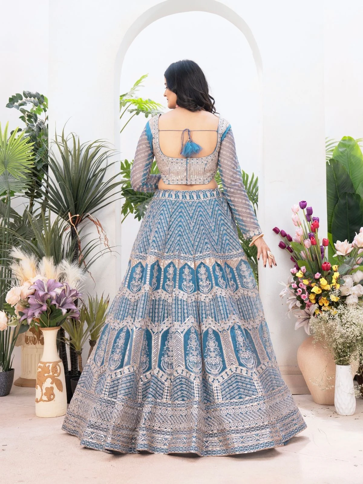 Odette Sky Blue Net Embellished Semi Stitched Lehenga For Women - Image 3