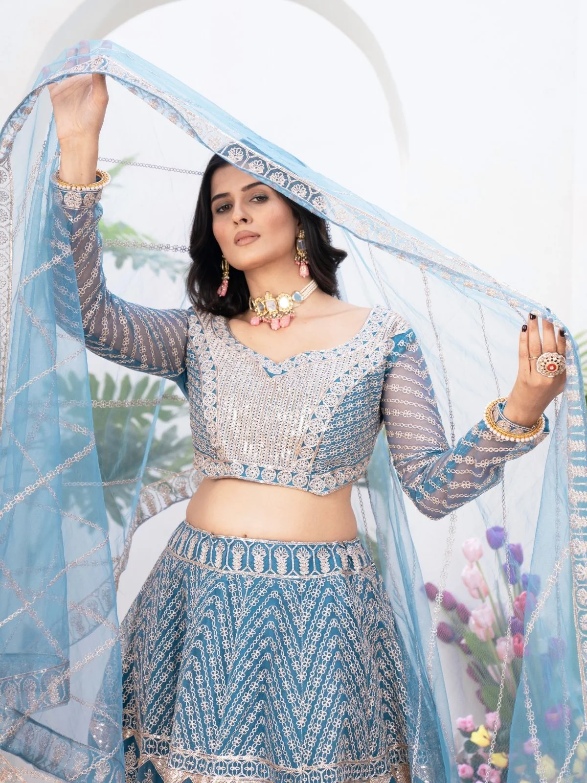 Odette Sky Blue Net Embellished Semi Stitched Lehenga For Women - Image 4