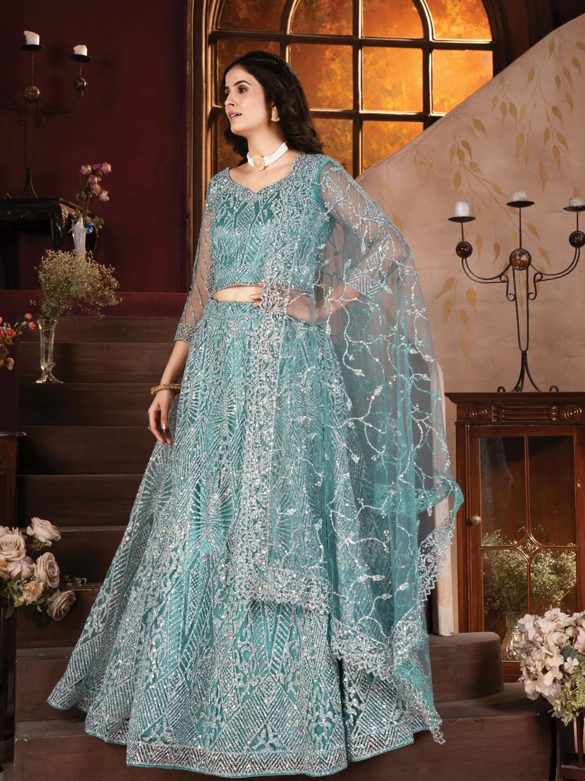 Odette Sky Blue Net Embellished Semi Stitched Lehenga For Women - Image 2