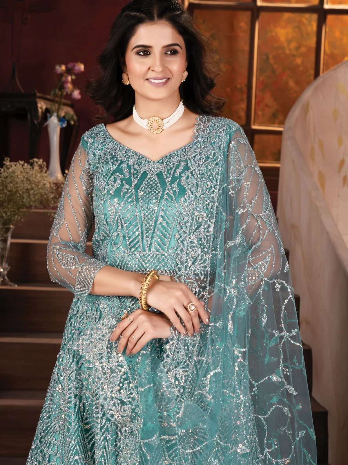 Odette Sky Blue Net Embellished Semi Stitched Lehenga For Women - Image 5