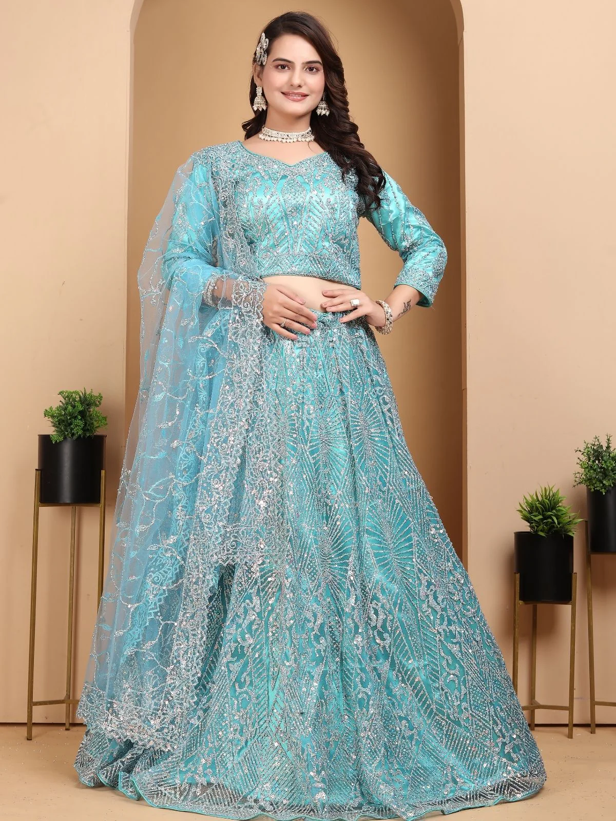 Odette Sky Blue Net Embellished Semi-Stitched lehenga For Women