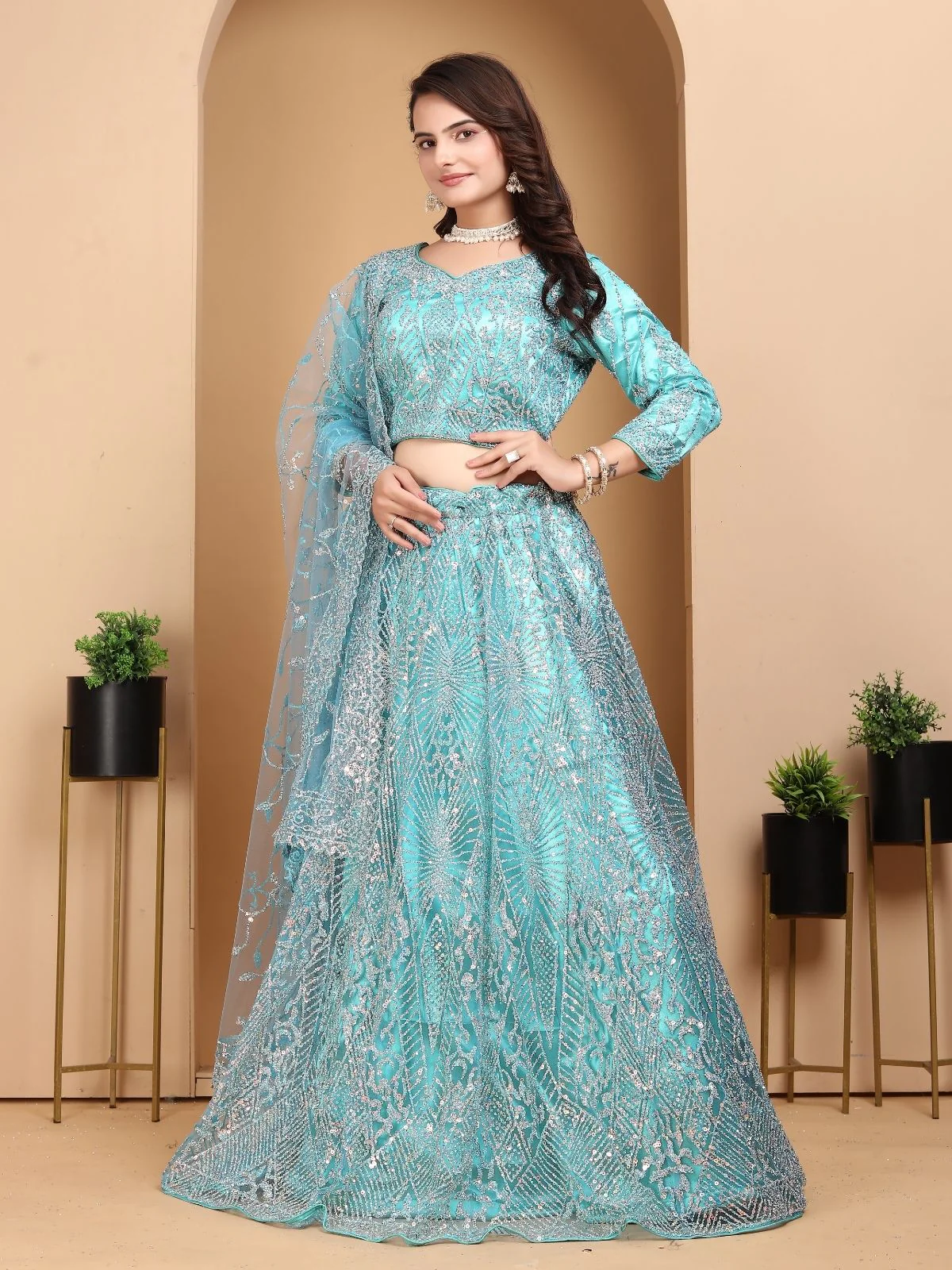 Odette Sky Blue Net Embellished Semi-Stitched lehenga For Women - Image 2