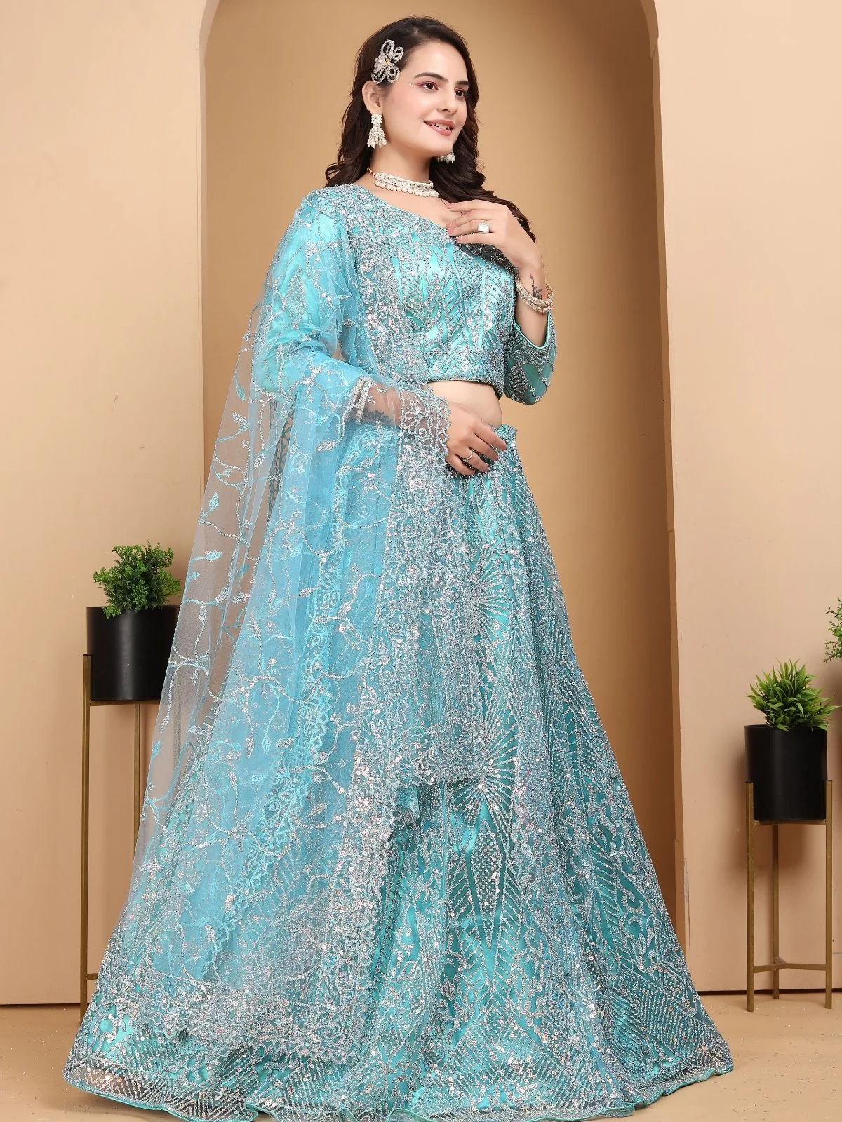 Odette Sky Blue Net Embellished Semi-Stitched lehenga For Women - Image 3