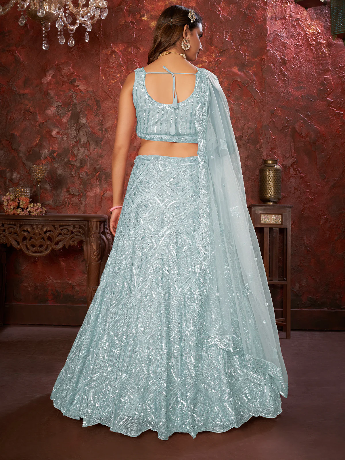Odette Sky Blue Net Embellished Semi Stitched Lehenga With Unstitched Blouse for Women - Image 3