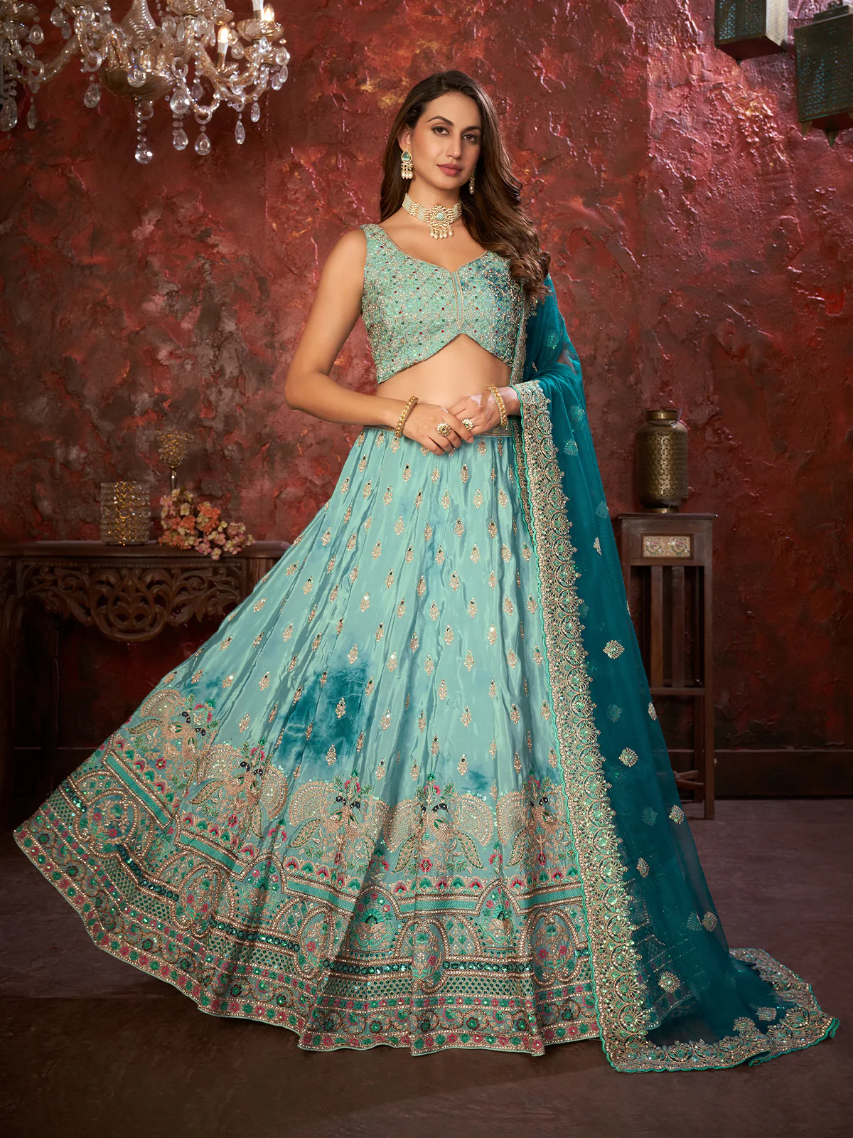 Odette Sky Blue Net Embellished Semi Stitched Lehenga With Unstitched Blouse for Women - Image 2
