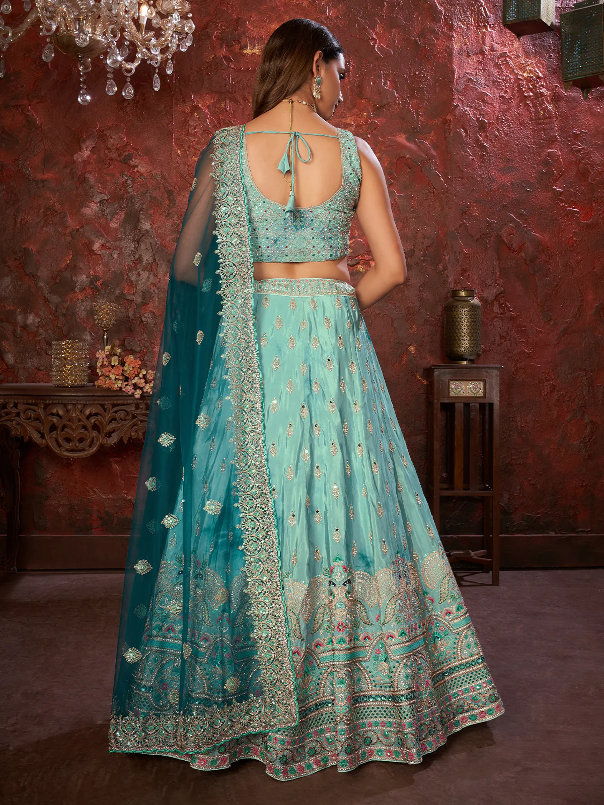 Odette Sky Blue Net Embellished Semi Stitched Lehenga With Unstitched Blouse for Women - Image 3