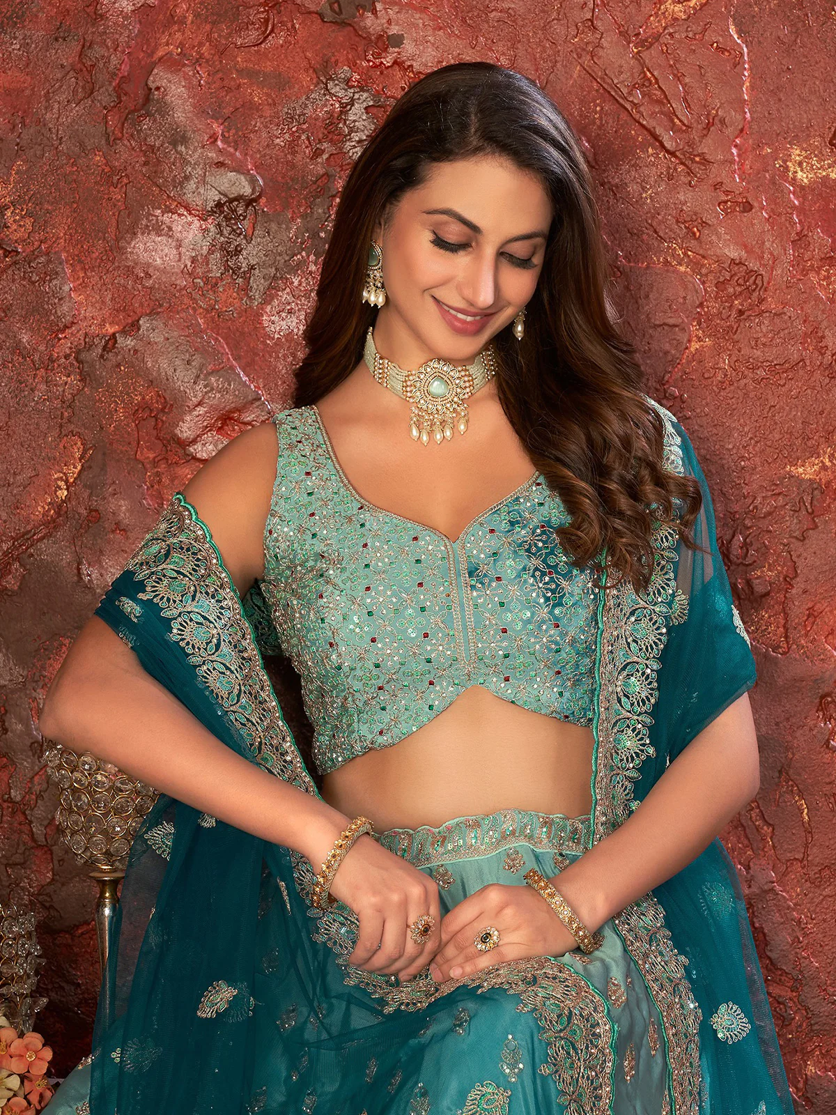 Odette Sky Blue Net Embellished Semi Stitched Lehenga With Unstitched Blouse for Women - Image 4