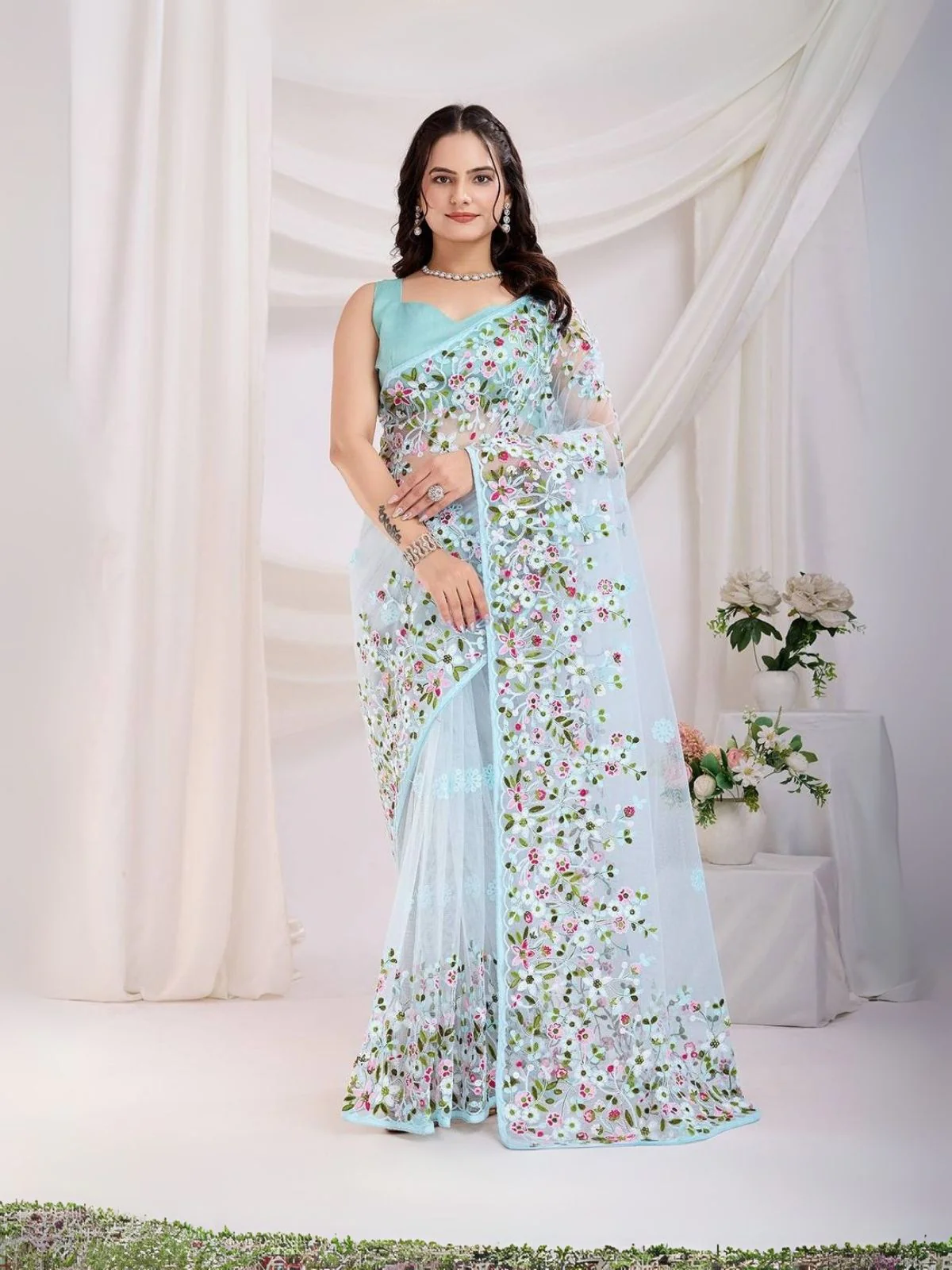 Odette Sky Blue Net Embroidered Elegant Saree For Women