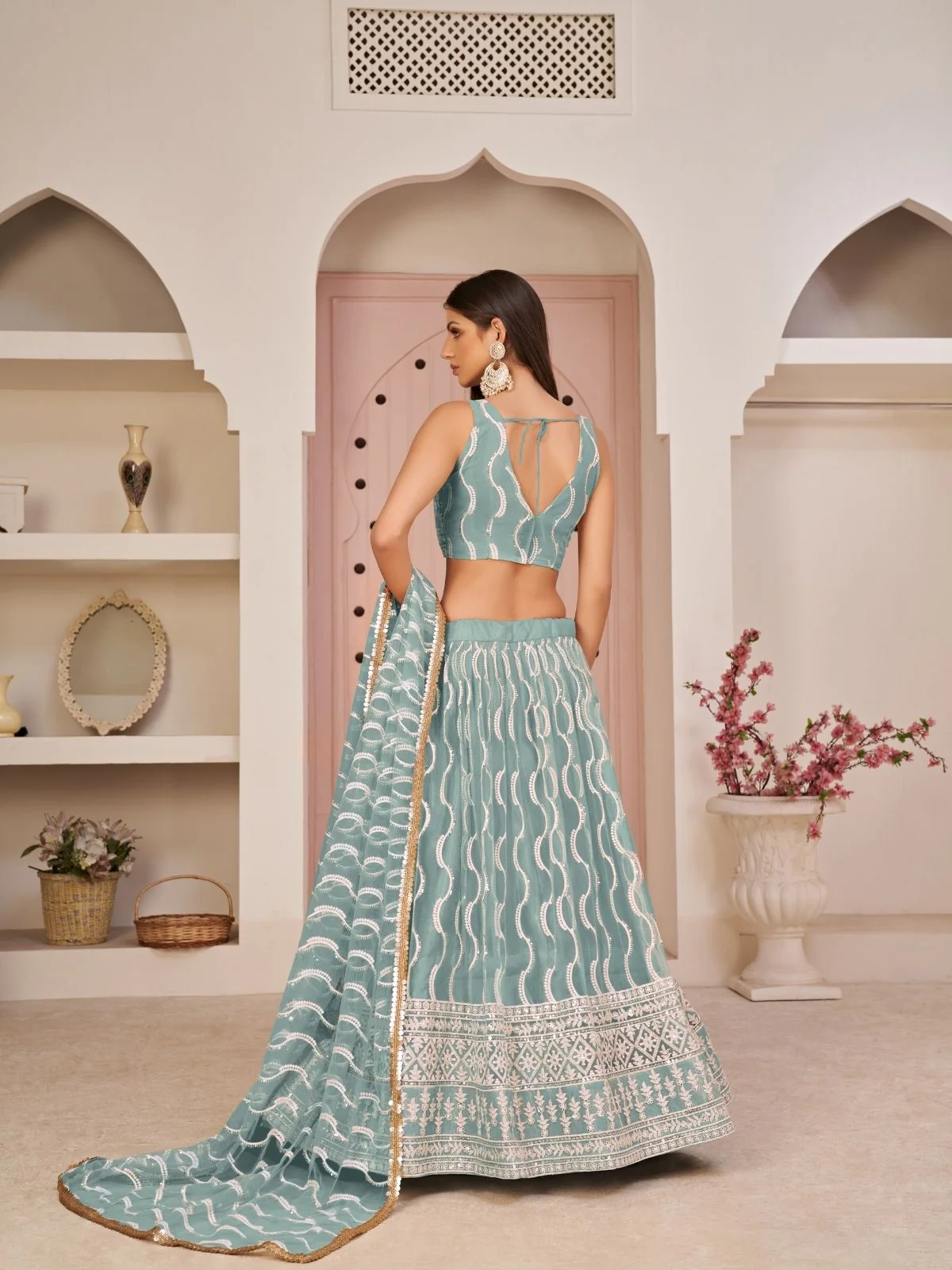 Odette Sky Blue Net Embroidered Semi Stitched Lehenga For Women - Image 3