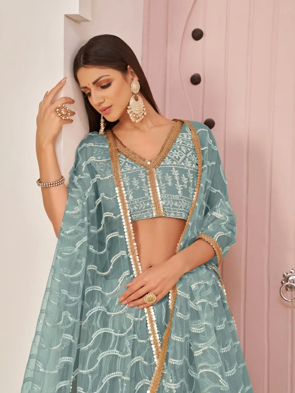 Odette Sky Blue Net Embroidered Semi Stitched Lehenga For Women - Image 4