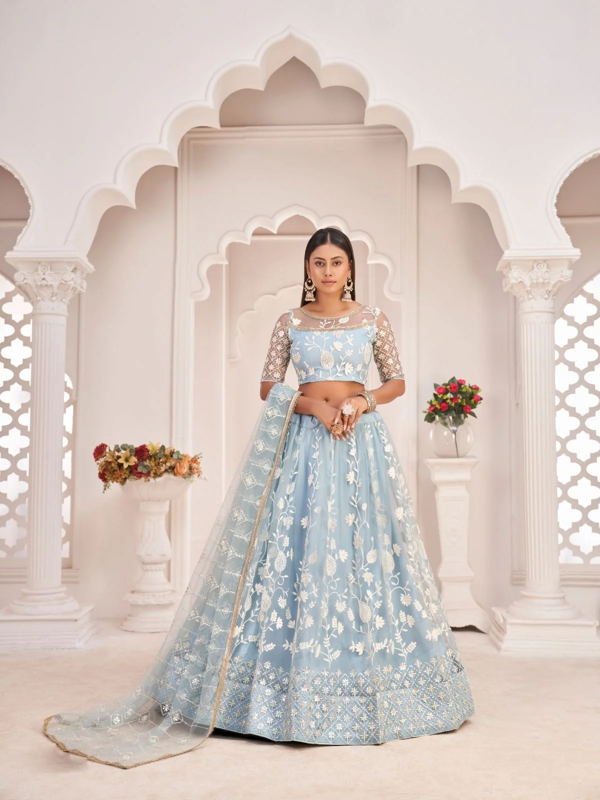 Odette Sky Blue Net Embroidered Semi Stitched Lehenga For Women