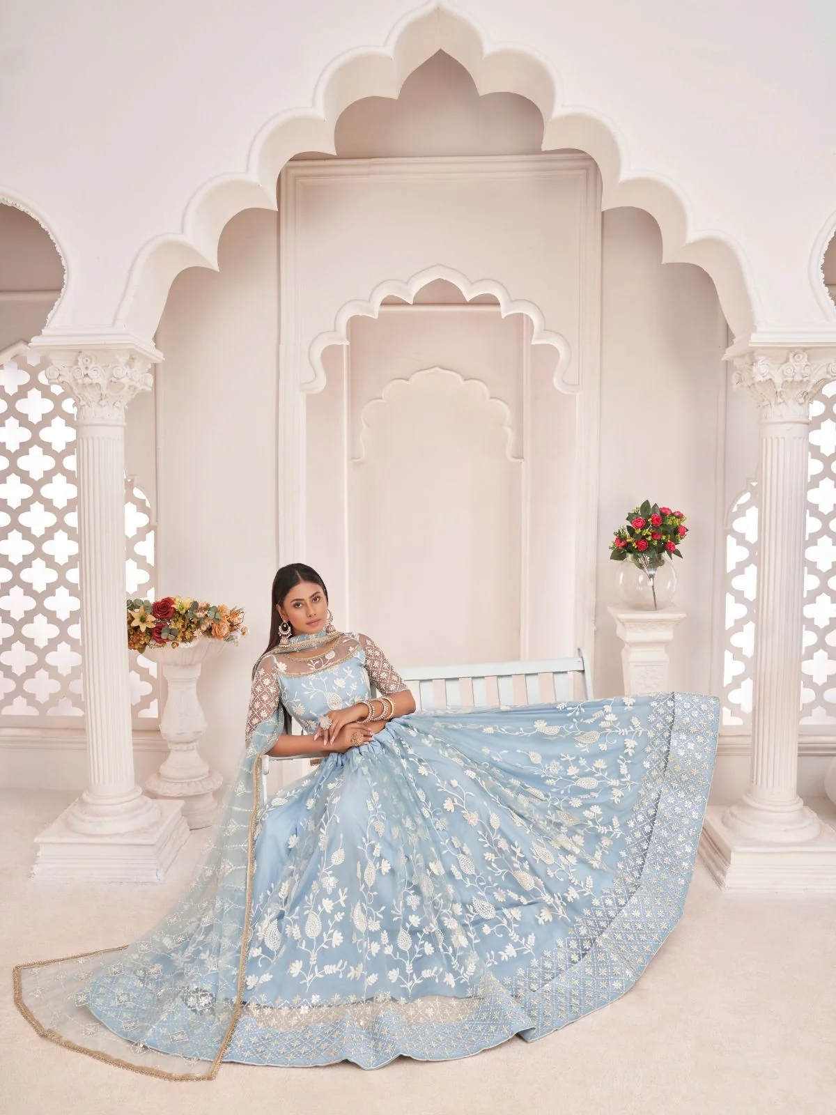 Odette Sky Blue Net Embroidered Semi Stitched Lehenga For Women - Image 4