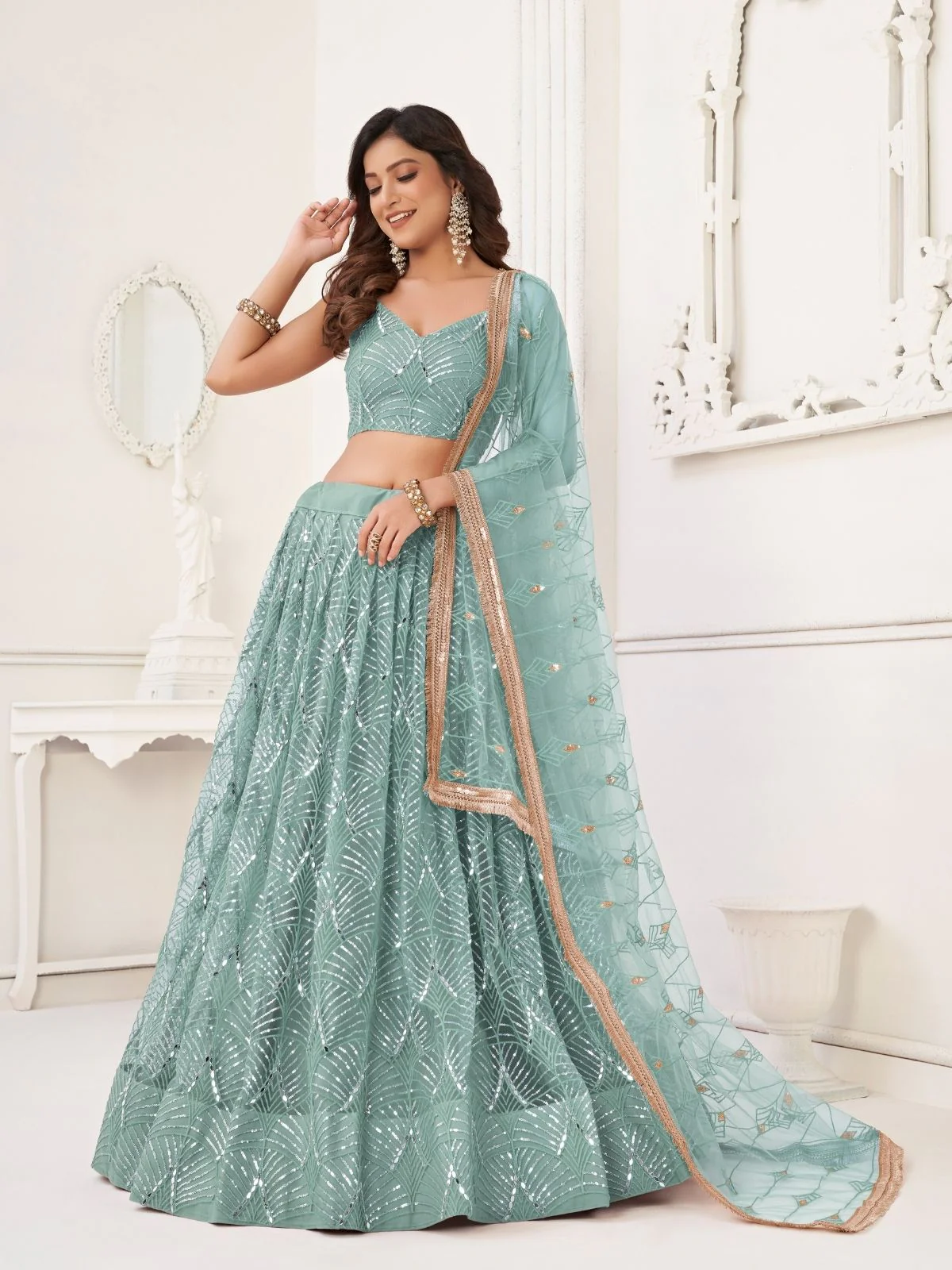 Odette Sky Blue Net Embroidered Semi Stitched Lehenga For Women - Image 2