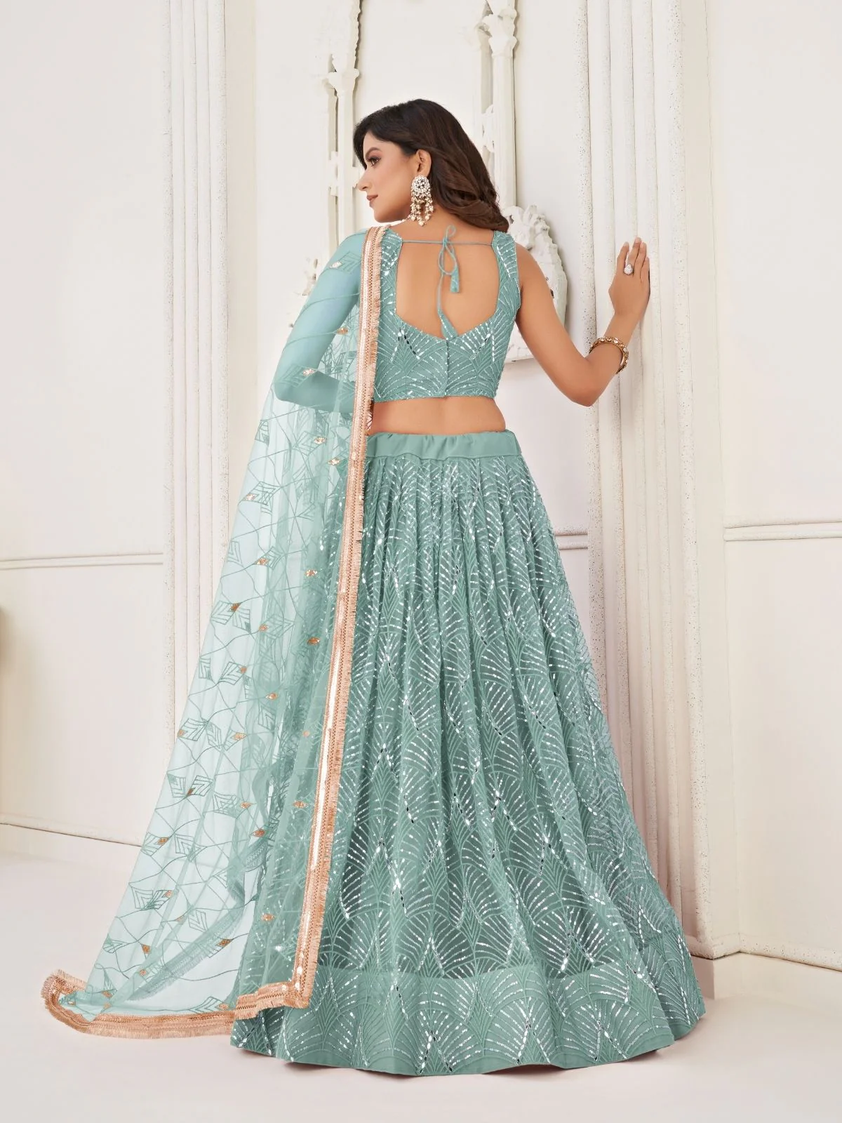 Odette Sky Blue Net Embroidered Semi Stitched Lehenga For Women - Image 3