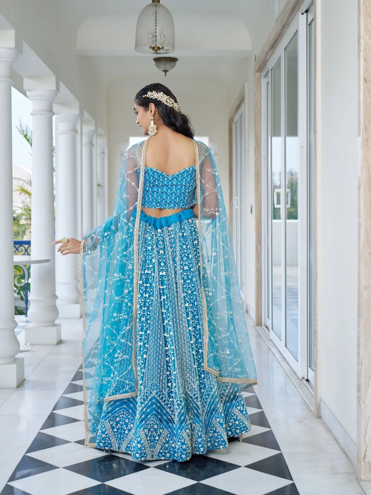 Odette Sky Blue Net Embroidered Semi Stitched Lehenga For Women - Image 3