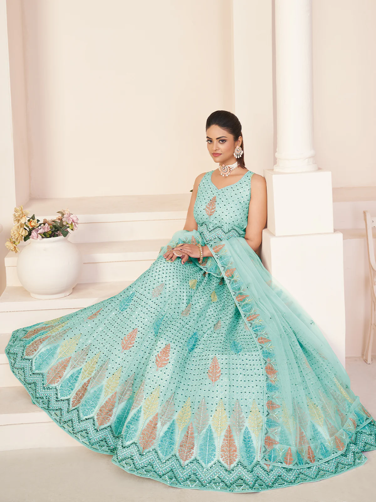 Odette Sky Blue Net Embroidered Semi Stitched Lehenga With Unstitched Blouse for Women - Image 2