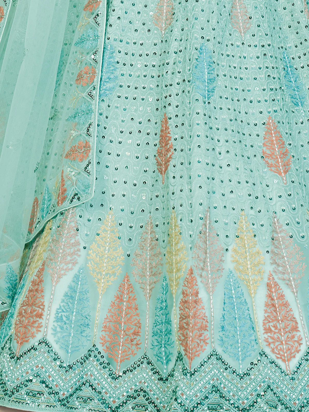 Odette Sky Blue Net Embroidered Semi Stitched Lehenga With Unstitched Blouse for Women - Image 5