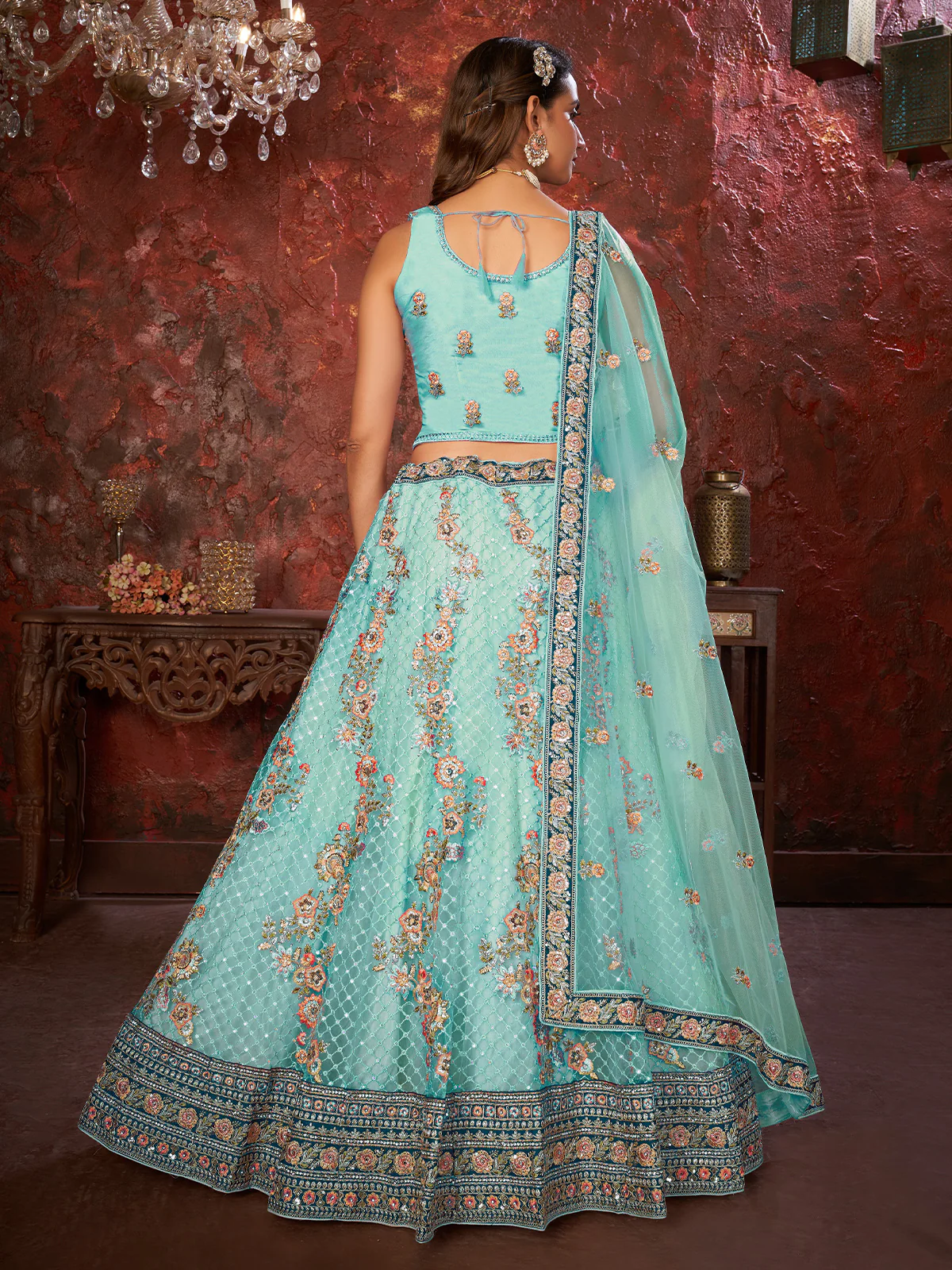 Odette Sky Blue Net Embroidered Semi Stitched Lehenga With Unstitched Blouse for Women - Image 3