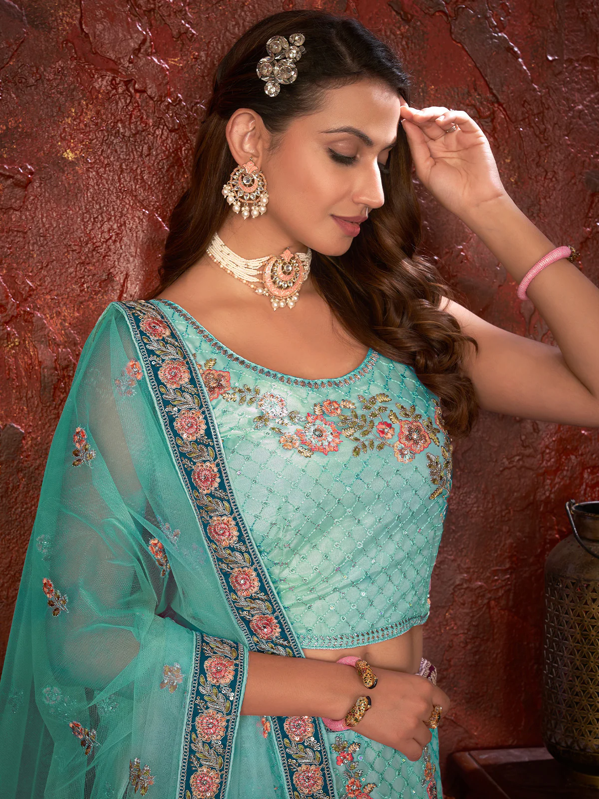 Odette Sky Blue Net Embroidered Semi Stitched Lehenga With Unstitched Blouse for Women - Image 4