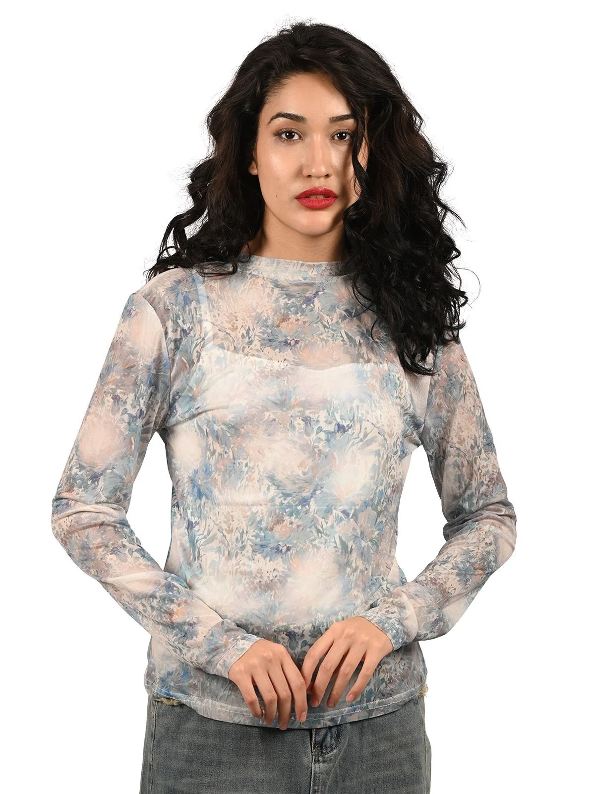 Odette Sky Blue Net Printed Top For Women