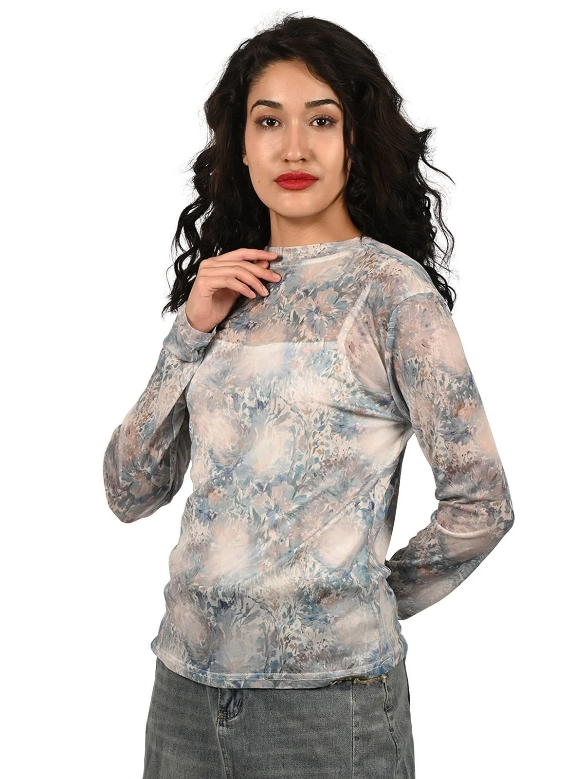 Odette Sky Blue Net Printed Top For Women - Image 3